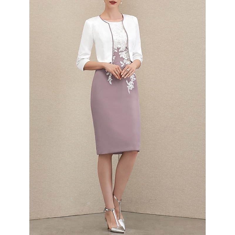 Two Piece Sheath / Column Dress Sets Mother of the Bride Dress Wedding Guest Jewel Neck Knee Length Chiffon Satin Lace 3/4 Length Sleeve Jacket Dresses with Appliques Race Day Dress