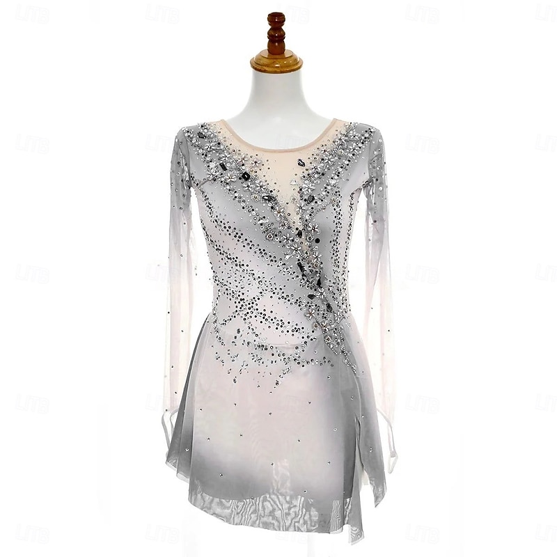 Figure Skating Dress Women's Girls' Ice Skating Dress Gray High Elasticity Training Competition Skating Wear Classic Crystal / Rhinestone Long Sleeve Ice Skating Figure Skating