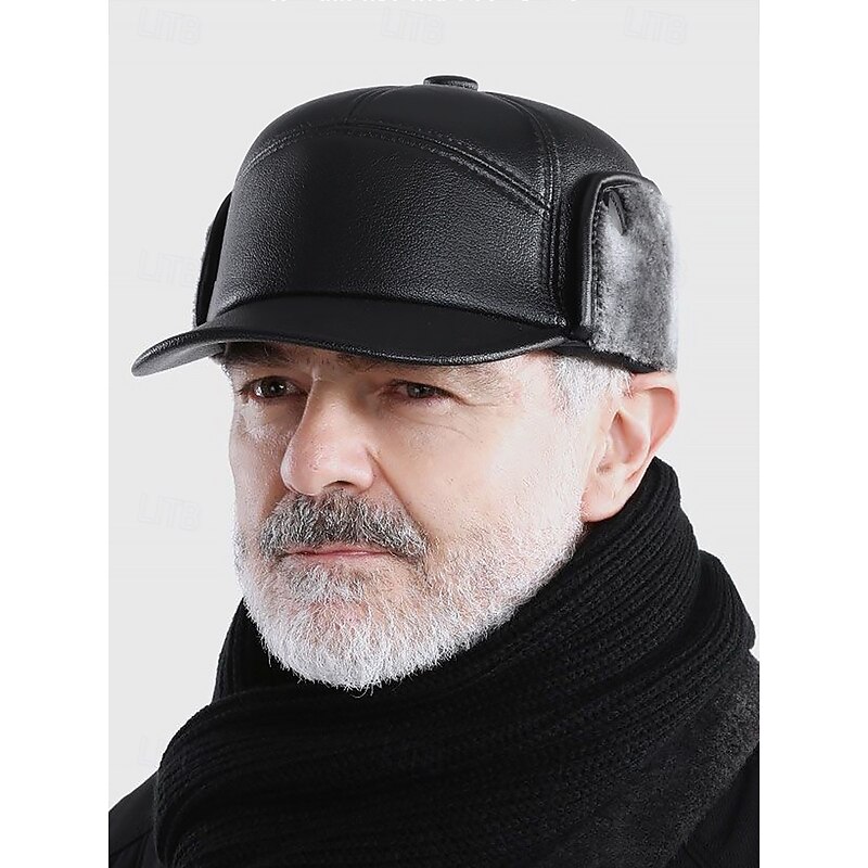 Men's Winter Faux Leather Baseball Cap – Warm Fleece-Lined with Ear Flaps, Stylish Black Cold Weather Hat for Outdoor Activities and Casual Wear