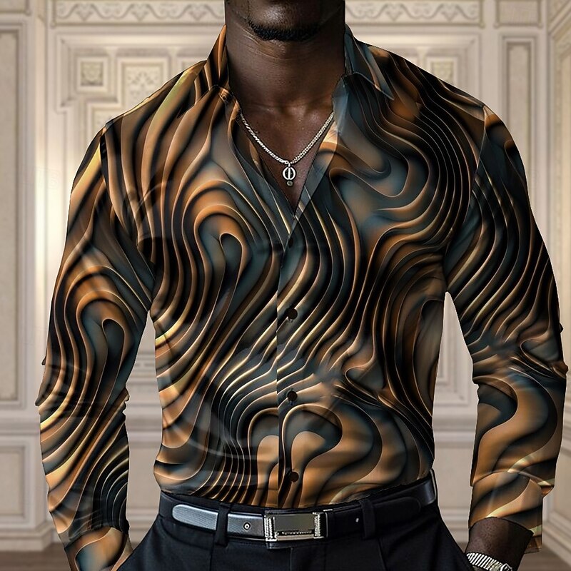 Men's Line Button Up Shirt Designer Shirt Long Sleeve Fashion Casual Vacation Party / Evening Spring Fall Turndown Button Up Yellow Blue Purple Green