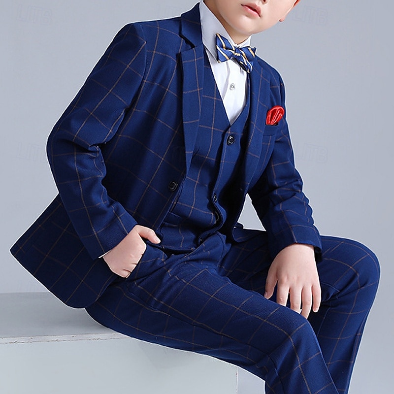 3/4/5 pieces Ring Bearer Suit Boys Kids Suit Formal Suit Blazer & Vest & Pants Formal Party Valentines Fashion Cool Plaid Pocket Navy Blue Polyester