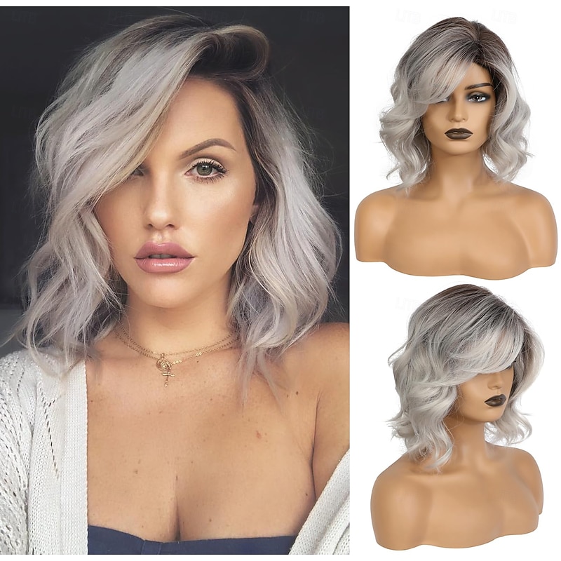 Wavy Curly Short Bob Wig With Bangs For Women Girls Daily Use Side Part Synthetic Hair Replacement Wigs Natural Looking