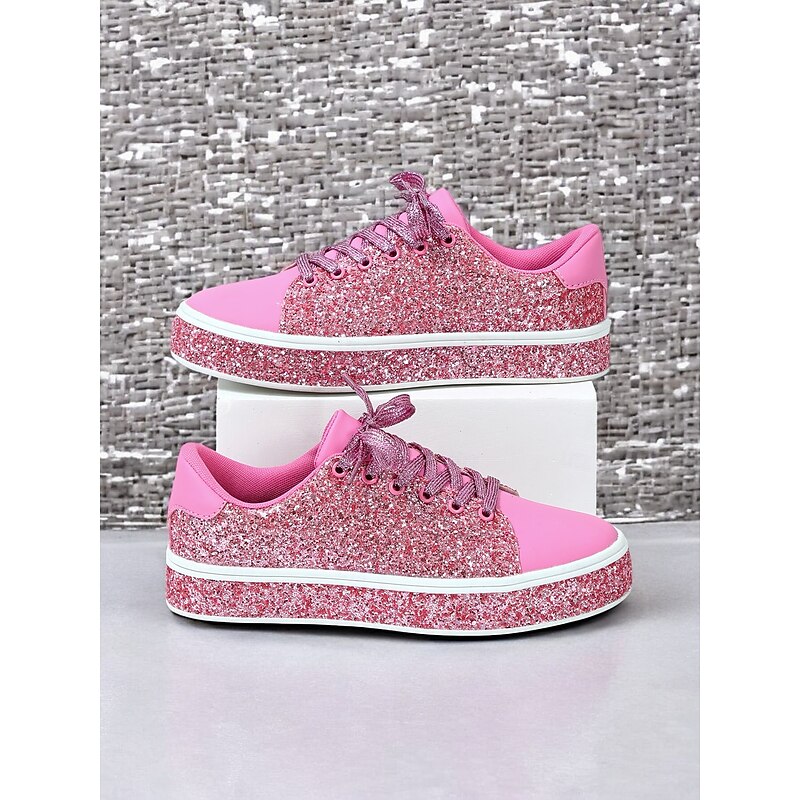 Women's Pink Glitter Lace-Up Sneakers with Comfortable Sole - Stylish Casual Shoes for Parties and Everyday Wear2