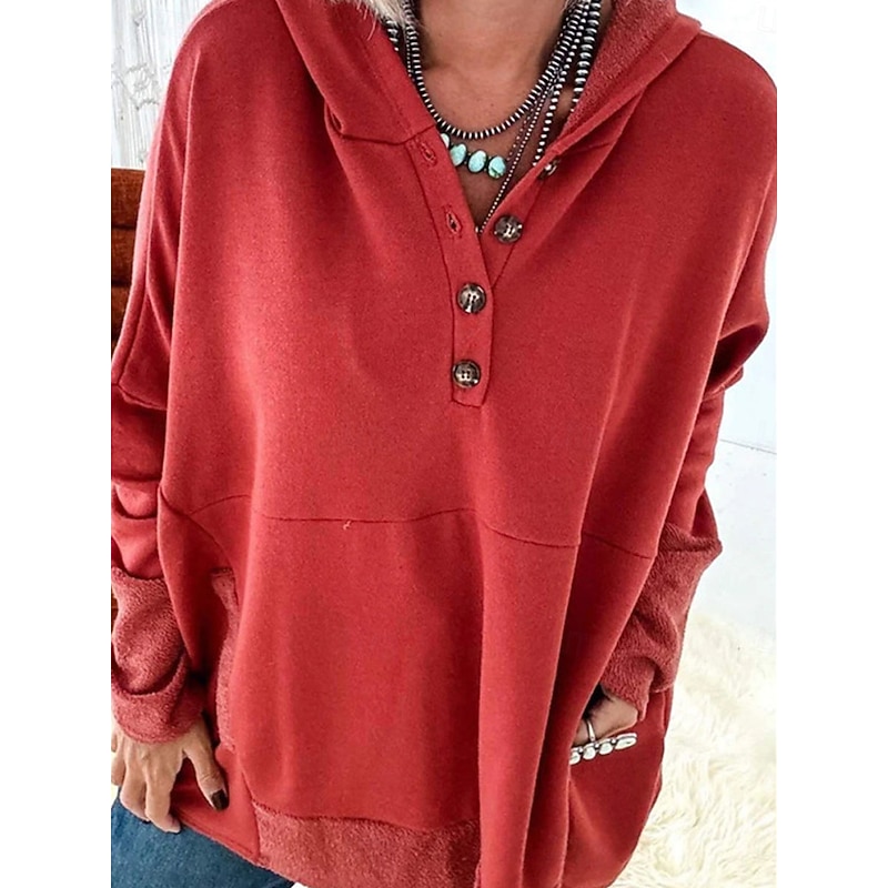 Women's Hoodie Sweatshirt Casual Plain Street Dailywear Hoodie Buttons Pocket Long Sleeve Red Light Grey Dark Gray Fall Winter3