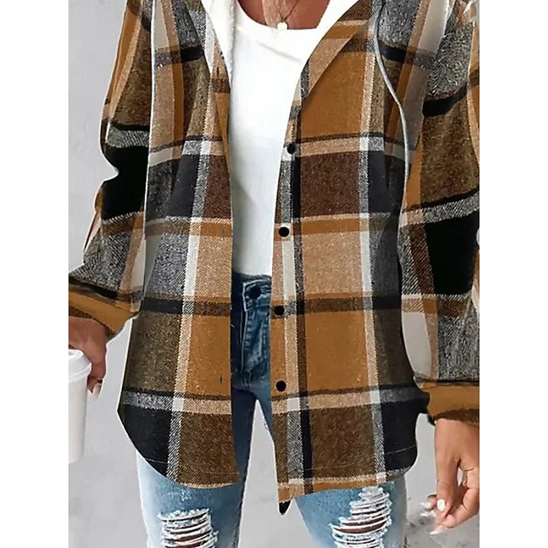 Women's Blazer Work Buttons Plaid Breathable Vintage Regular Fit Outerwear Long Sleeve Fall Wine S3