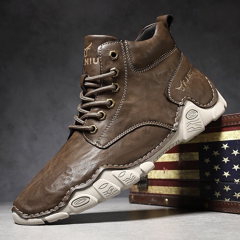 Men's Brown Faux Leather Lace-Up Ankle Boots | Durable Outdoor Footwear with Non-Slip Sole for Hiking and Casual Wear