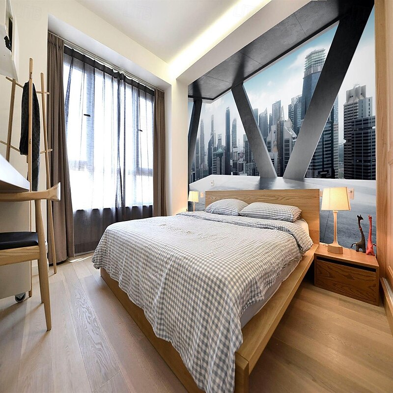 Geometric 3D Urban style Home Decoration Comtemporary Cartoon Wall Covering, Canvas PVC / Vinyl Material Adhesive required Mural, Room Wallcovering3