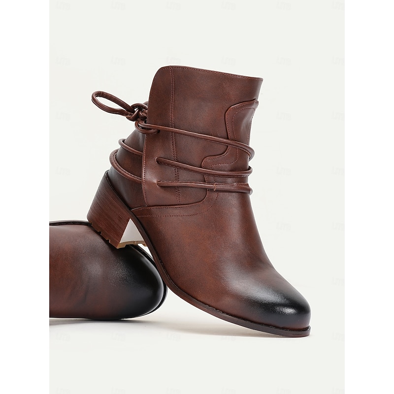 Women's Brown Western Ankle Boots with Wrap-Around Lace & Stacked Heel - Rustic Vintage Style for Casual Wear & Festivals3