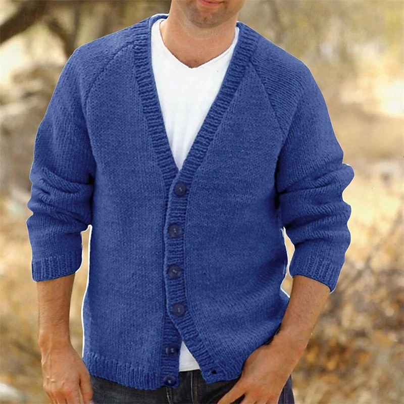 Men's Dress Sweater Cardigan Sweater Knit Sweater Ribbed Knit Regular Button Up Solid Color V Neck Fashion Classic Daily Wear Date Clothing Apparel Spring Fall & Winter Royal Blue Blue S M L4