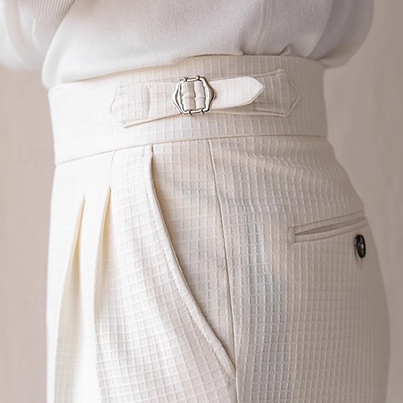 Men's Dress Pants Trousers Pleated Pants Waffle Pants Gurkha Pants Pocket Plain Comfort Soft Full Length Wedding Party Business Elegant Fashion Black White2