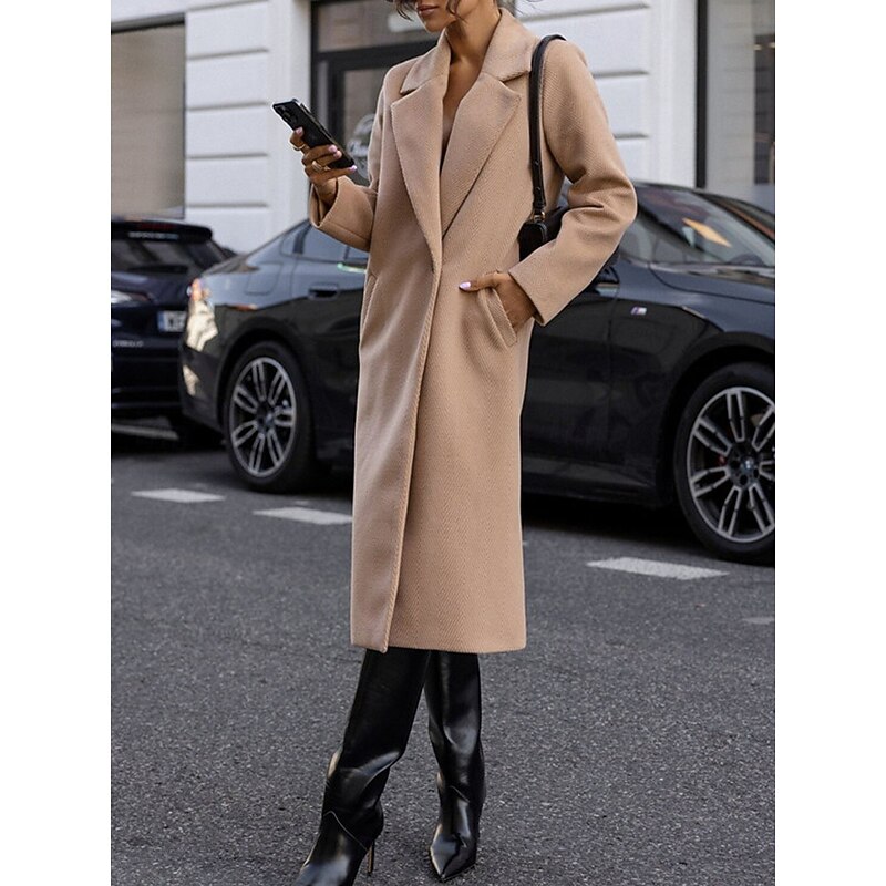 Women's Winter Coat Outdoor Street Daily Wear Fall Winter Long Coat Regular Fit Thermal Warm Breathable Stylish Casual Jacket Long Sleeve Plain with Pockets White Red Khaki3