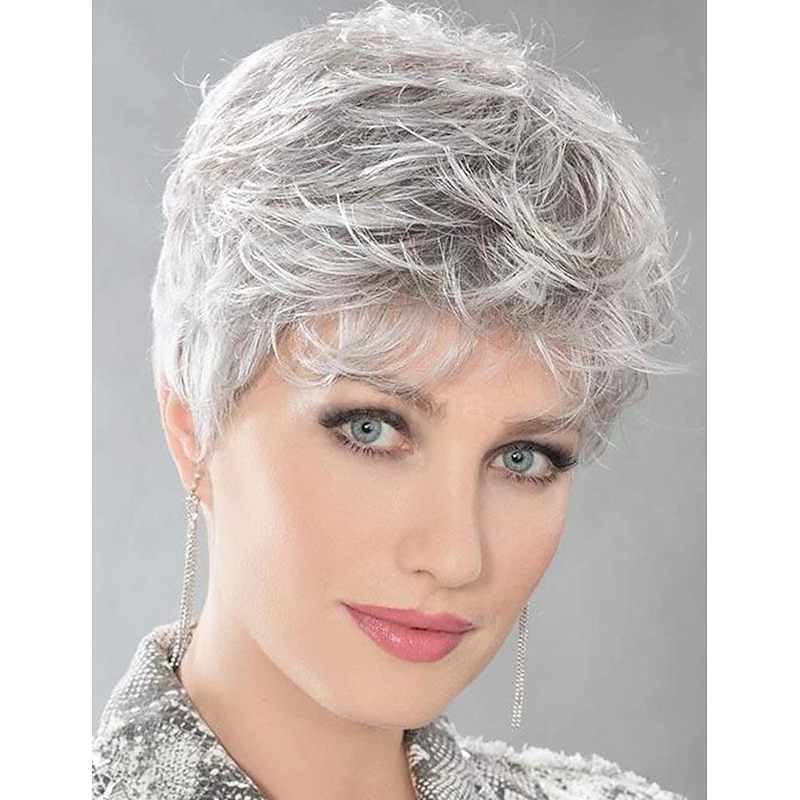 Short Grey Pixie Cut Wigs for White Women Natural Layered Short Silver White Wigs with Bangs Synthetic Fiber Gray Hair Short Wigs2