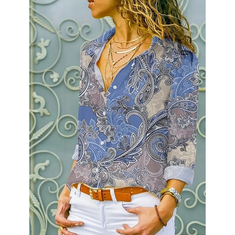 Women's Shirt Button Down Tunic Shirt Collar Long Sleeve V Neck Blue Spring Fall Winter3