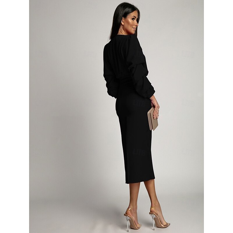 Women's Midi Dress Black Dress Knit Dress Winter Dress Cocktail Dress Elegant Dress Office Regular Fit Solid Color Long Sleeve V Neck ArmyGreen Black Fall Winter3