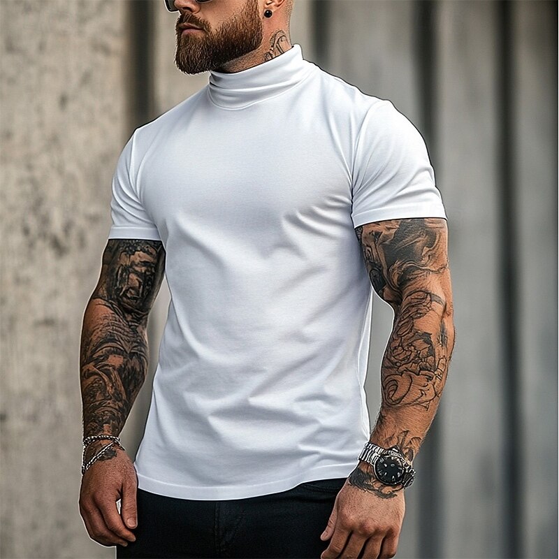 Men's T Shirt Turtleneck shirt Short Sleeve Stand Collar Summer Spring Plain Fashion Casual Comfortable Classic Style Vacation Street Holiday Black White Gray Top Tee for Men