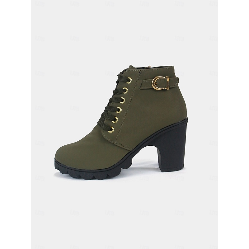 Women's Green Lace-Up Ankle Boots with Buckle Detail – Chunky Heel Combat Style for Casual and Outdoor Wear3