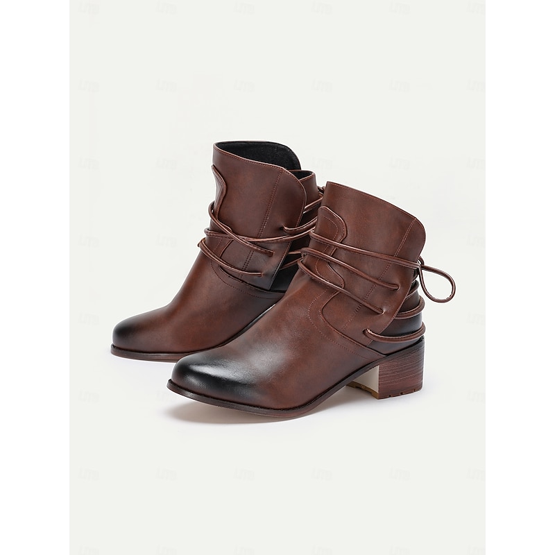 Women's Brown Western Ankle Boots with Wrap-Around Lace & Stacked Heel - Rustic Vintage Style for Casual Wear & Festivals