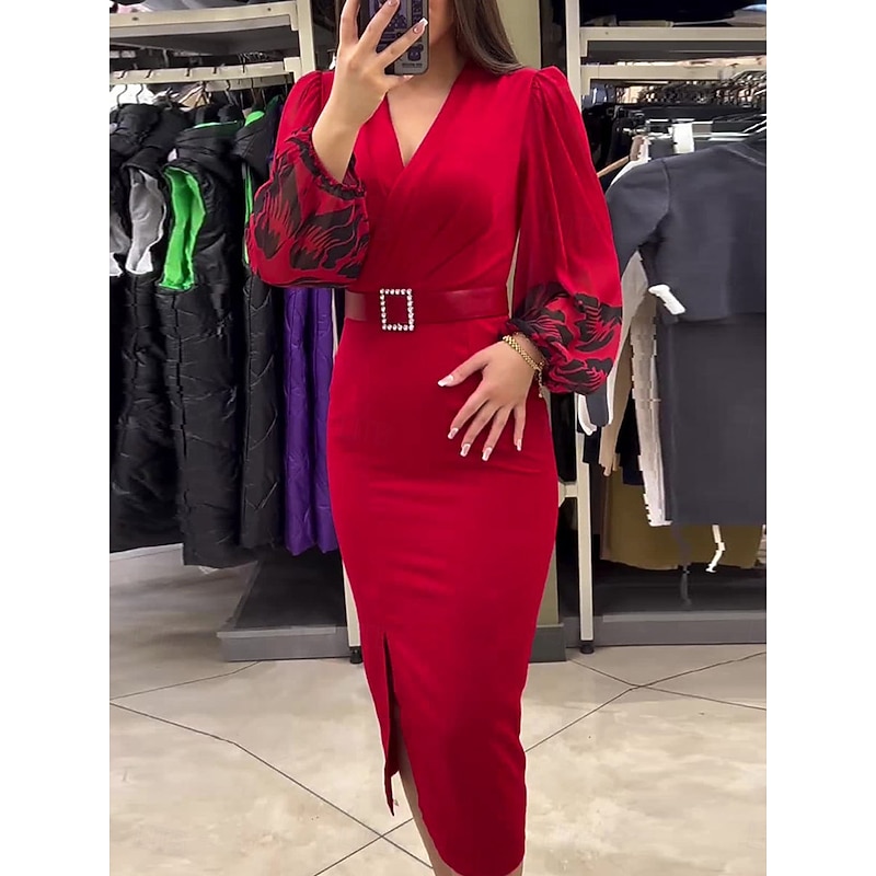 Women's Casual Dress Midi Dress Patchwork With Belt Casual V Neck Long Sleeve Red Color3