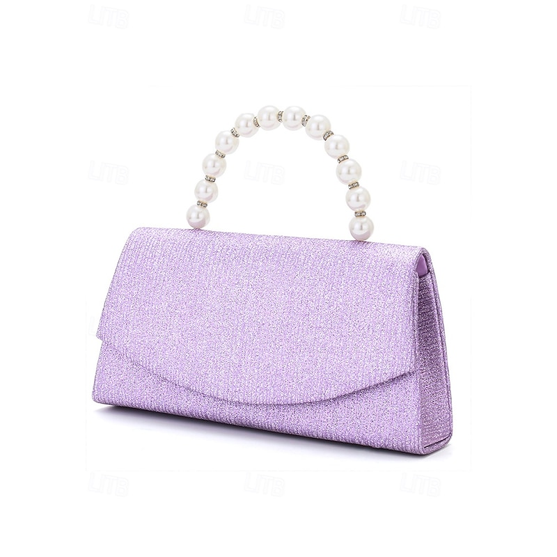 Women's Purple Glitter Clutch Bag with Pearl Handle – Elegant Evening Handbag for Parties and Weddings