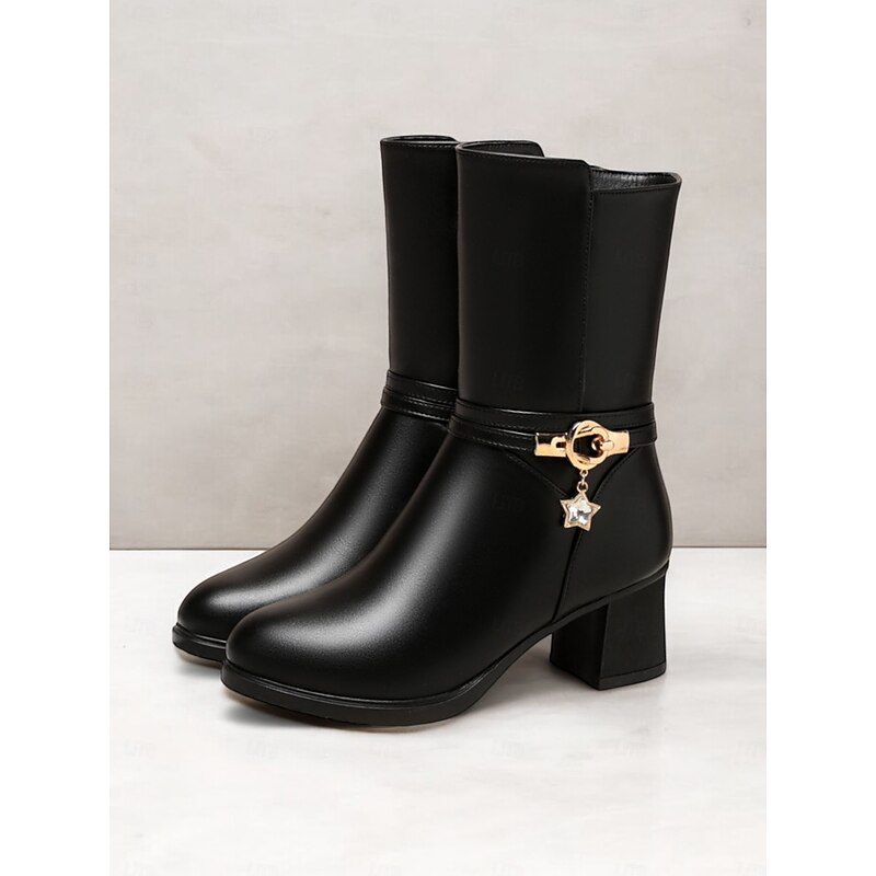 Women's Black Faux Leather Fur-Lined Mid-Calf Winter Boots with Star Charm and Block Heels – Elegant and Warm Footwear for Cold Weather2