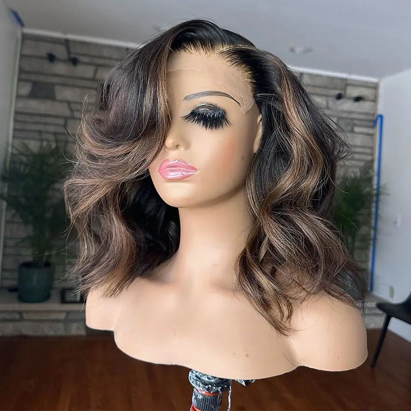 Remy Short Bob Human Hair Wigs for Women Peruvian Virgin Hair Highlight Lace Front Wig Human Hair Glueless Colored Wigs Pre-Plucked