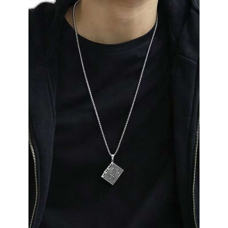 Men's Bible Pendant Necklace - Silver Religious Jewelry with Cross Detail, Christian Faith Accessory for Daily Wear and Special Occasions3