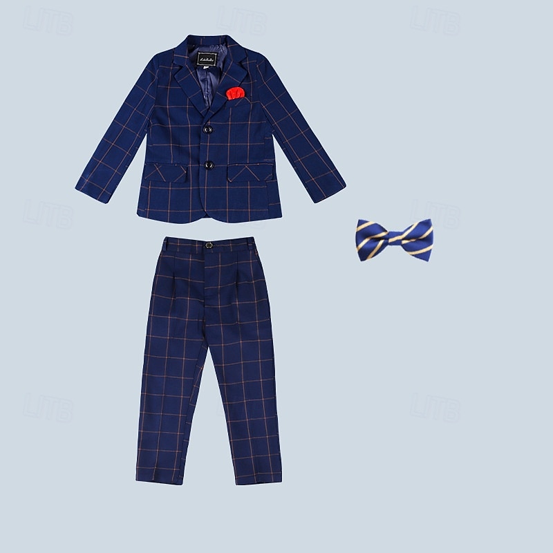 3/4/5 pieces Ring Bearer Suit Boys Kids Suit Formal Suit Blazer & Vest & Pants Formal Party Valentines Fashion Cool Plaid Pocket Navy Blue Polyester4