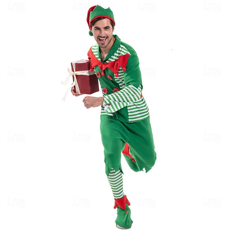 Elf Outfits Men's Christmas Cosplay Costume Adults Christmas New Year Christmas Eve Christmas Top Pants Shoes Hat4