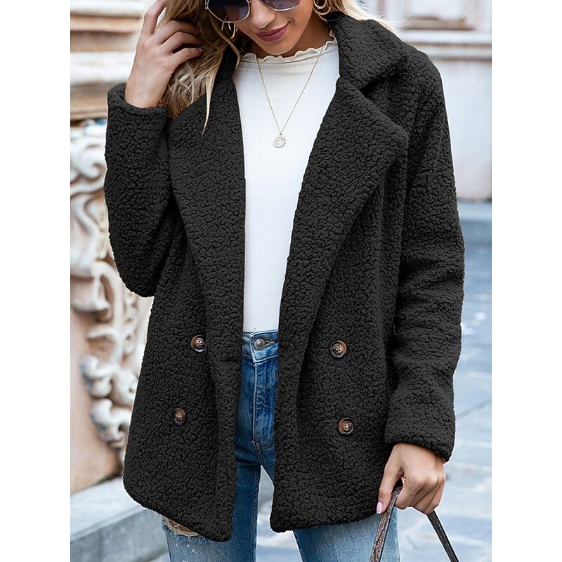Women's Fleece Jacket Teddy Coat Warm Breathable Pocket Fleece Lined Casual Plain Vacation Street Daily Wear Going out Double Breasted Regular Turndown Regular Fit Long Sleeve Outerwear Black Pink4
