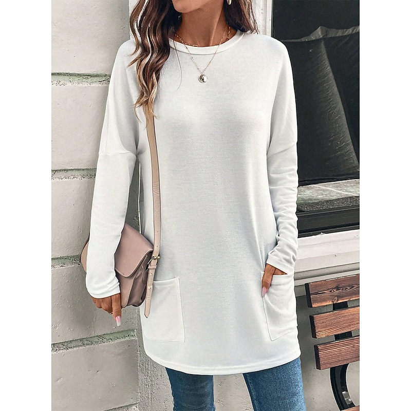 Women's T Shirt Plain Fashion Modern Casual Long Sleeve Crew Neck Regular Tops Daily Weekend Patchwork White Pink Red Fall Winter