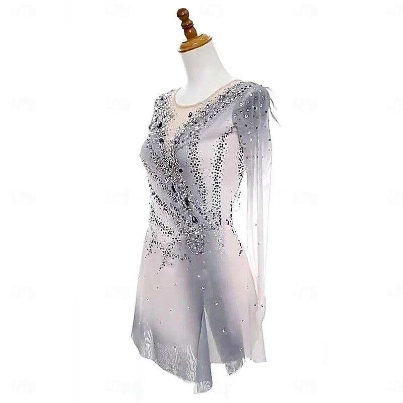 Figure Skating Dress Women's Girls' Ice Skating Dress Gray High Elasticity Training Competition Skating Wear Classic Crystal / Rhinestone Long Sleeve Ice Skating Figure Skating3