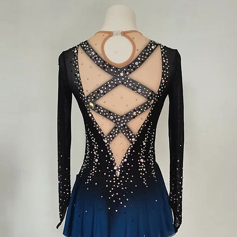 Figure Skating Dress Women's Girls' Ice Skating Dress Blue Black High Elasticity Training Competition Skating Wear Classic Crystal / Rhinestone Long Sleeve Ice Skating Figure Skating4