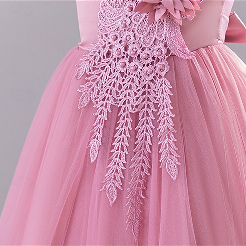 Flower Girl Dress Kid's Girls' Princess Dress Performance Wedding Party Elegant Beautiful Lace Solid Color Sleeveless Crew Neck Pink Red 4 years+4