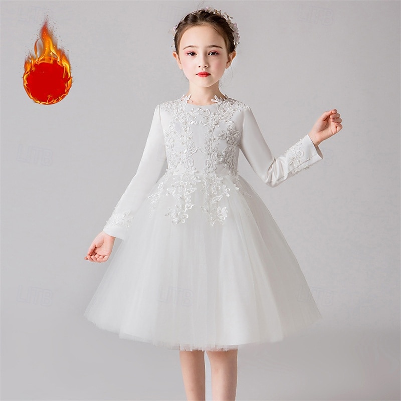 Flower Girl Dress Kid's Girls' Princess Dress Performance Wedding Party Elegant Beautiful Mesh Solid Color Long Sleeve Crew Neck White Champagne 4 years+3