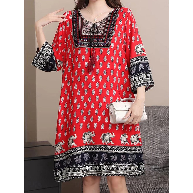 Women's Mini Dress Petite Dress Casual Dress Boho Dress Casual Daily Regular Fit Floral 3/4 Length Sleeve Crew Neck White Red Navy Blue Spring Fall3