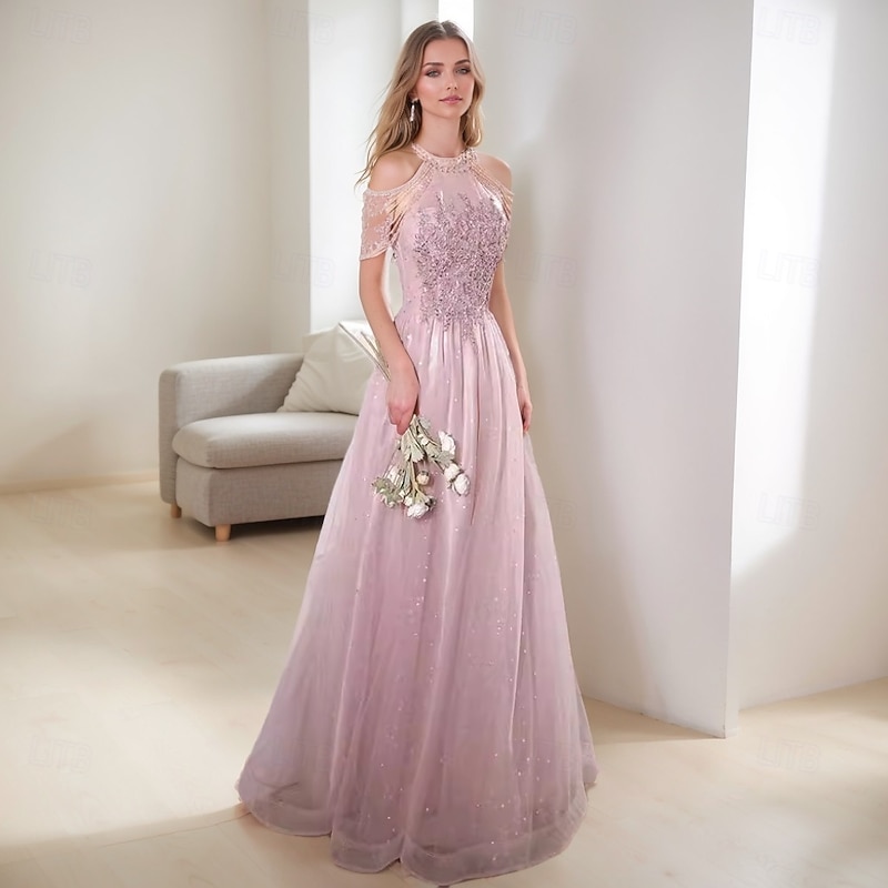 A-Line Prom Dresses Vintage Dress Formal Prom Floor Length Sleeveless High Neck Tulle with Glitter Tassel3