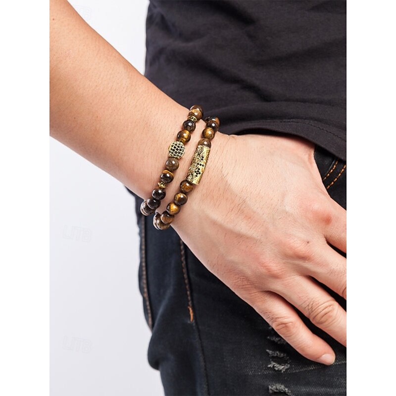 Men's Beaded Bracelet Set – Red Tiger Eye Stones with Gold-Plated Accents and Black Crystal Inlays for a Stylish Look2