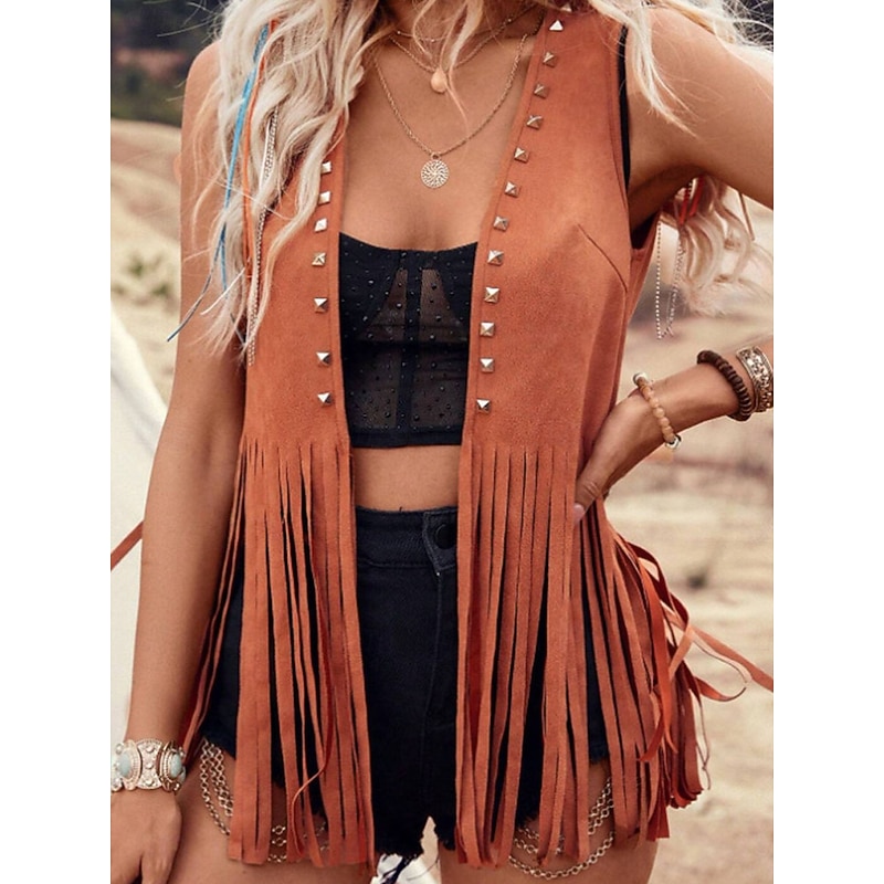 Women's Vest Outdoor Street Daily Wear Summer Regular Coat Regular Fit Thermal Warm Breathable Stylish Casual Jacket Sleeveless Plain Tassel Fringe Black Pink Brown
