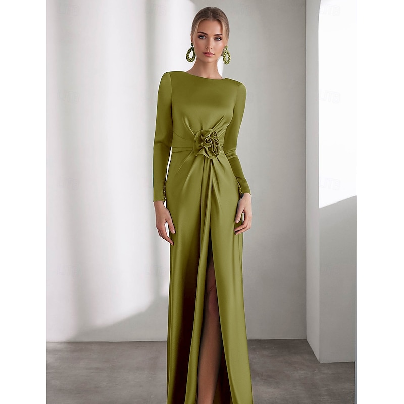 A-Line Evening Gown Elegant Dress Formal Floor Length Long Sleeve Shirt Collar Pocket Stretch Satin with Shouder Flower