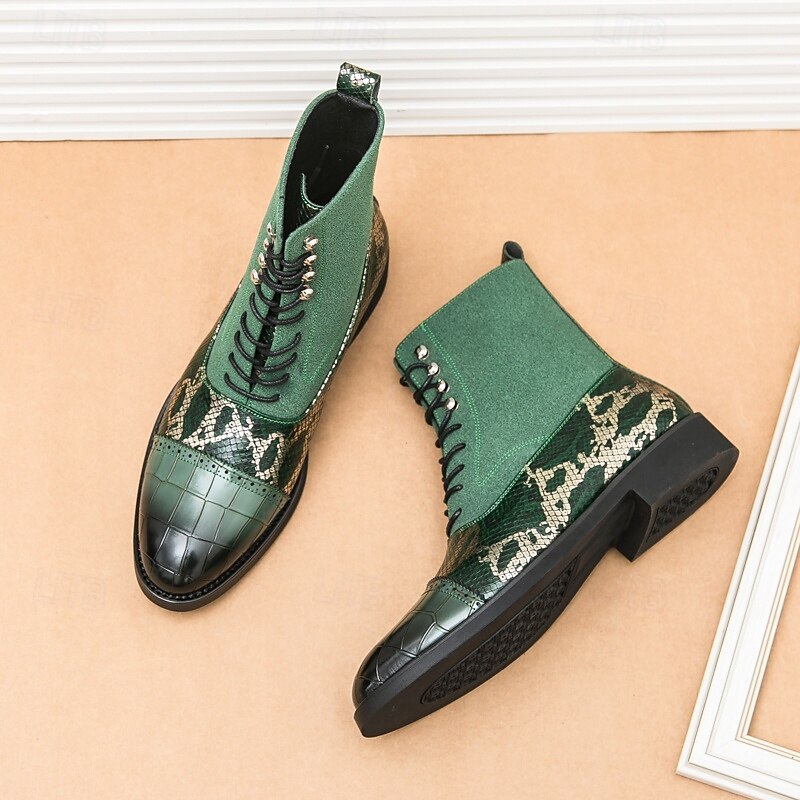 Men's Luxury Green Ankle Boots | Snake Pattern Faux Leather with Crocodile-Embossed Toe and Lace-Up Design4