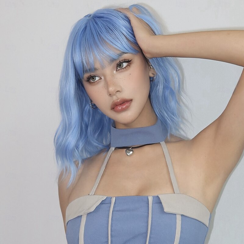 Cosplay Costume Wig Bouncy Curl Bob Neat Bang With Bangs Wig 14 inch Sky Blue Synthetic Hair Women's Elastic Adorable Comfortable Blue3