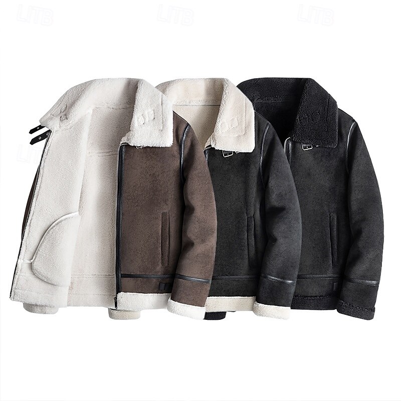Men's Faux Leather Jacket Fleece Jacket Biker Jacket Motorcycle Jacket Daily Vacation Windproof Warm Pocket Fall & Winter Plain Fashion Classic Lapel Regular Black Beige Coffee Jacket