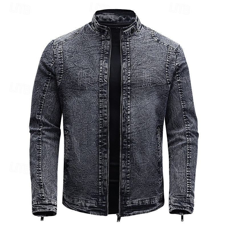 Men's Lightweight Jacket Jean Jacket Denim Jacket Formal Home Windbreaker Zipper Spring Fall Winter Solid Color Fashion Stand Collar Regular Black Blue Jacket