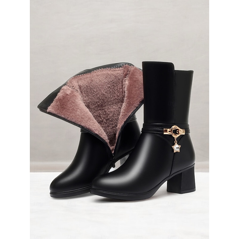 Women's Black Faux Leather Fur-Lined Mid-Calf Winter Boots with Star Charm and Block Heels – Elegant and Warm Footwear for Cold Weather