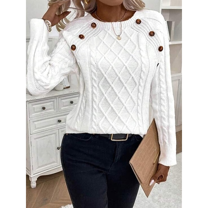 Women's Sweater Casual Soft Pure Color Cable Crew Neck Buttons Knitted Long Sleeve Regular Tops Knit Outdoor Daily Weekend Black White Fall Winter