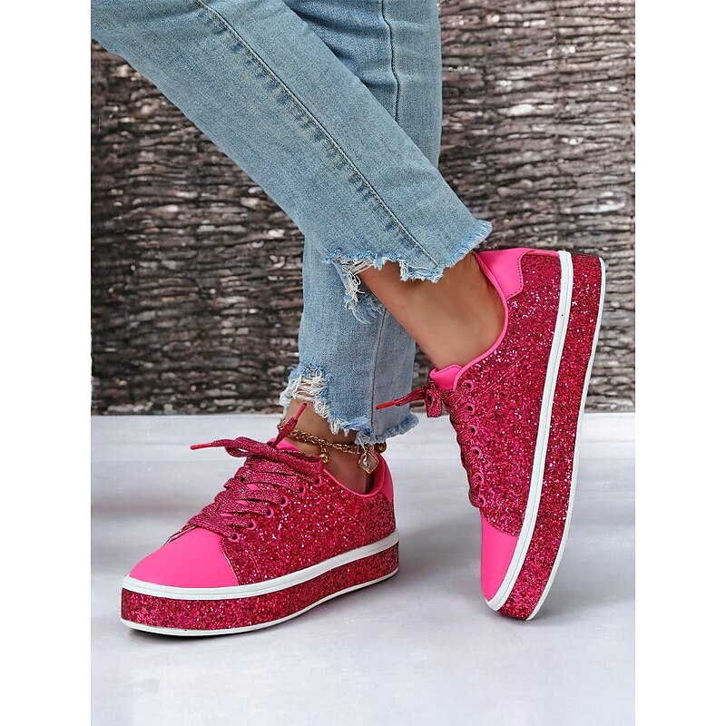 Women's Pink Glitter Lace-Up Sneakers with Comfortable Sole - Stylish Casual Shoes for Parties and Everyday Wear 6