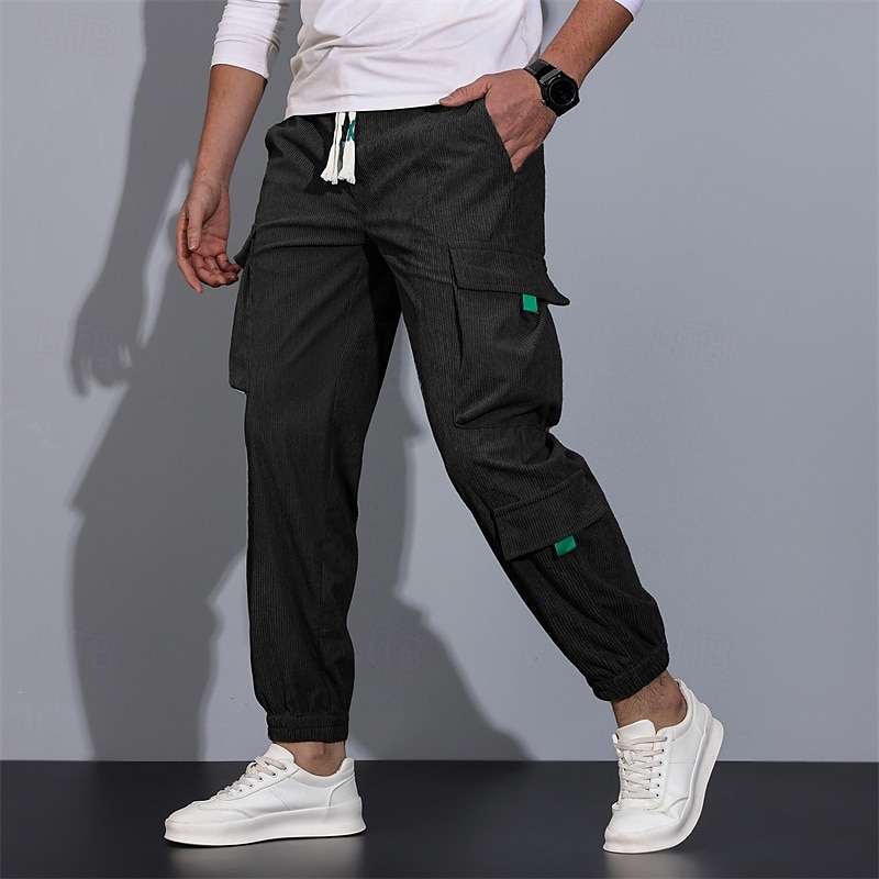 Men's Cargo Pants Trousers Elastic Waist Multi Pocket Elastic Cuff Plain Wearable Outdoor Daily Camping & Hiking Fashion Classic Black White2