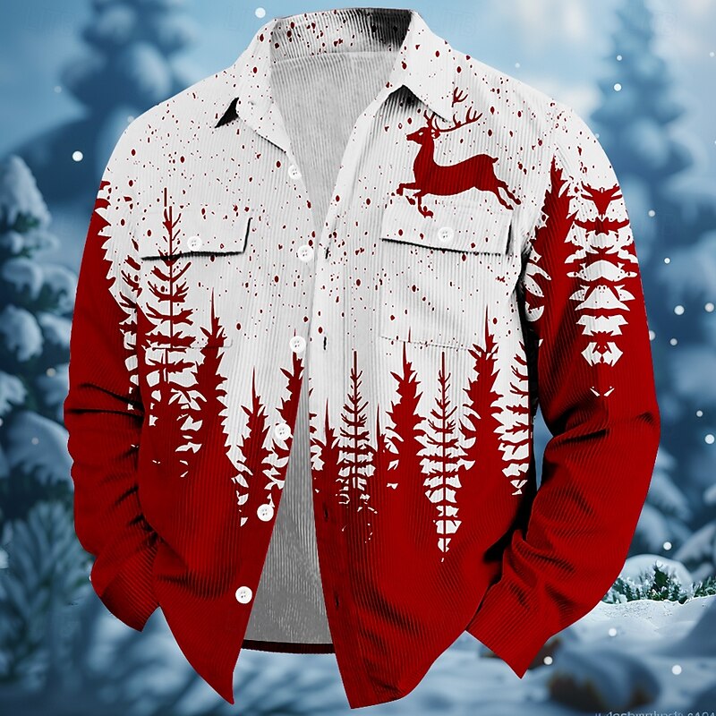 Christmas Men's Snowflake Shirt Corduroy Shirt Shirt Jacket Long Sleeve Fashion Casual Street Dailywear Fall & Winter Turndown Collared Shirts Buttons 3D Print 2 Pockets 1pc Light Red Red Blue Purple4
