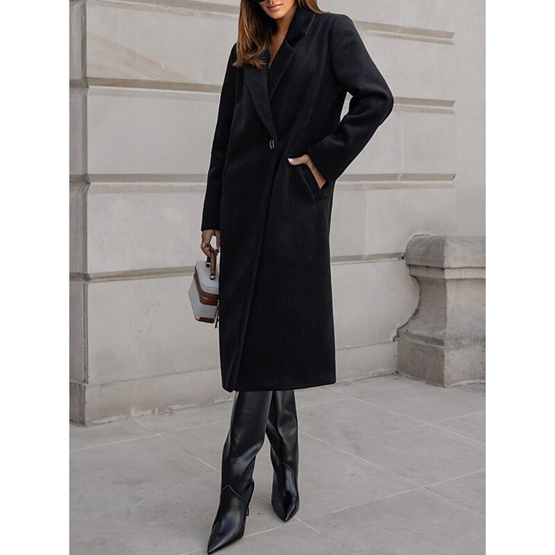 Women's Coat Warm Comfortable Buttons Pocket Elegant Solid Color Casual Daily Single Breasted Long Lapel Regular Fit Long Sleeve Outerwear Black White Red Winter2