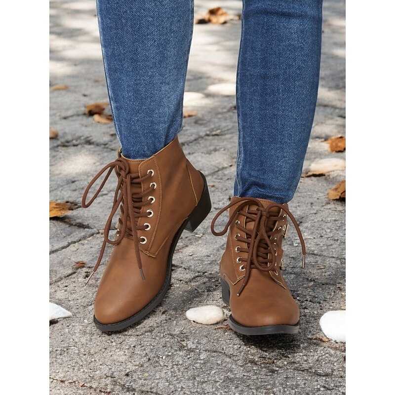 Women's Brown Lace-Up Ankle Boots – Stylish Combat Boots with Double Buckle Straps and Low Block Heel for Everyday Casual and Outdoor Wear2